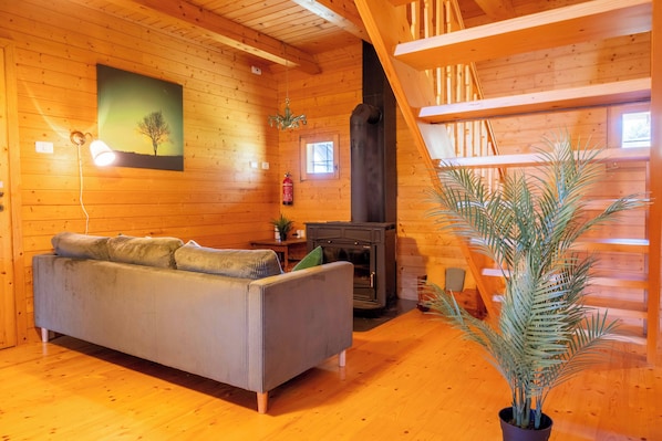 Smart-TV, Kamin, Bücher, Stereoanlage