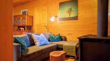 Smart-TV, Kamin, Bücher, Stereoanlage