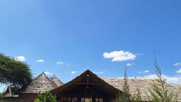 A building with a thatched roof, surrounded by a gravel path and greenery.