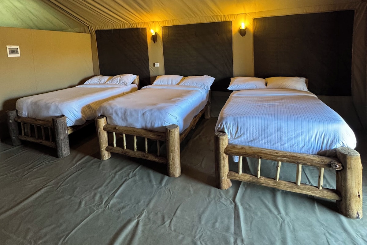 Una habitación con tres camas de madera, cada una con cabecero, y una lámpara colgando del techo.