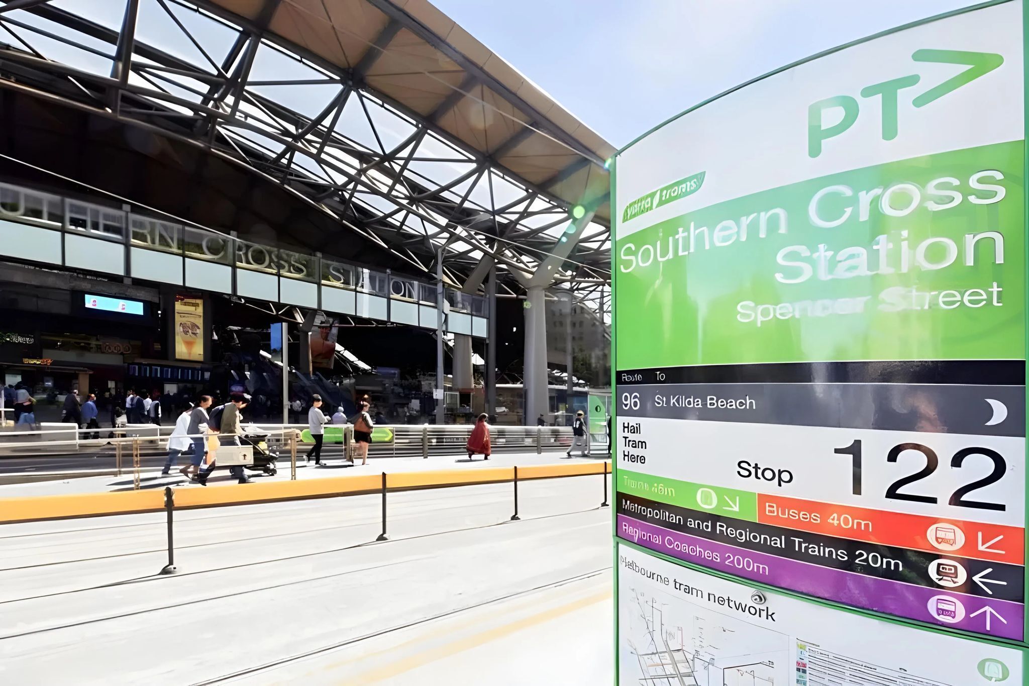 A train station with a large sign for Southern Cross Station on Spencer Street.