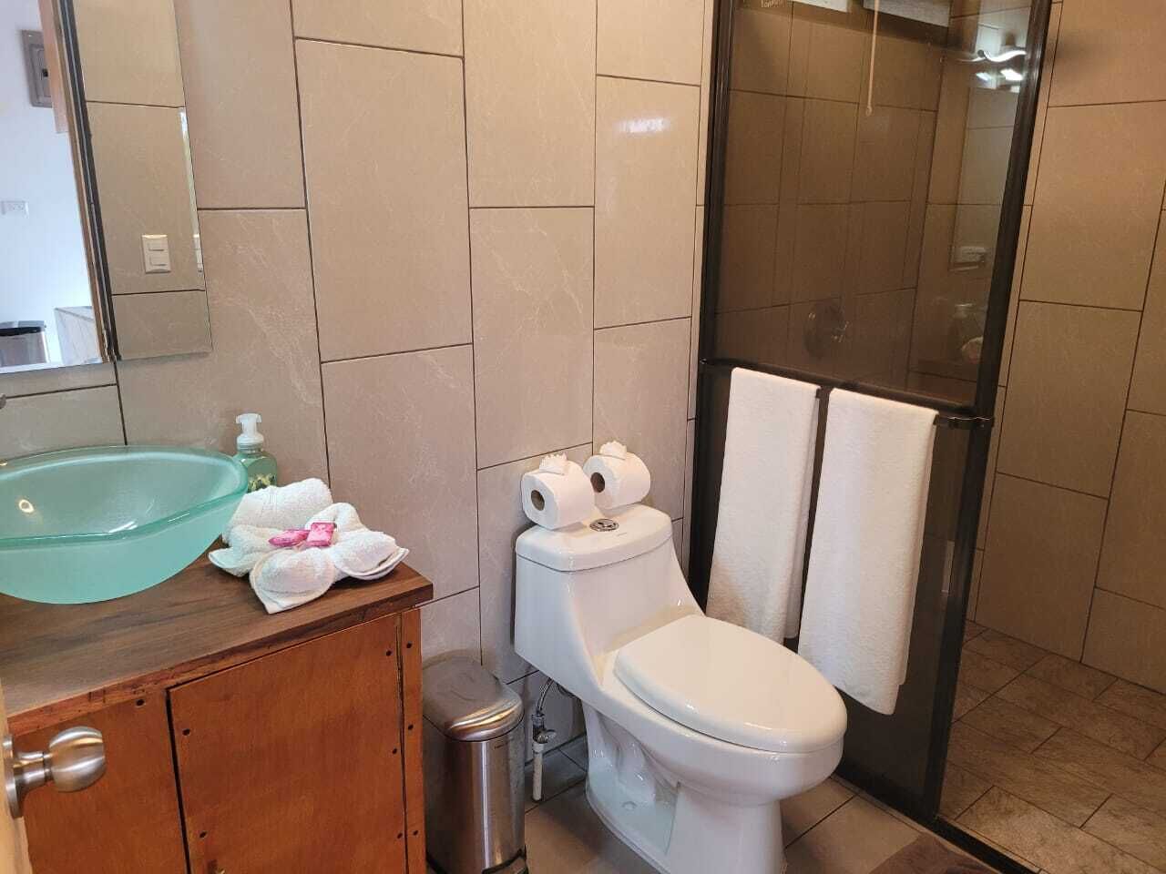 Ducha, secador de pelo, toallas y jabón