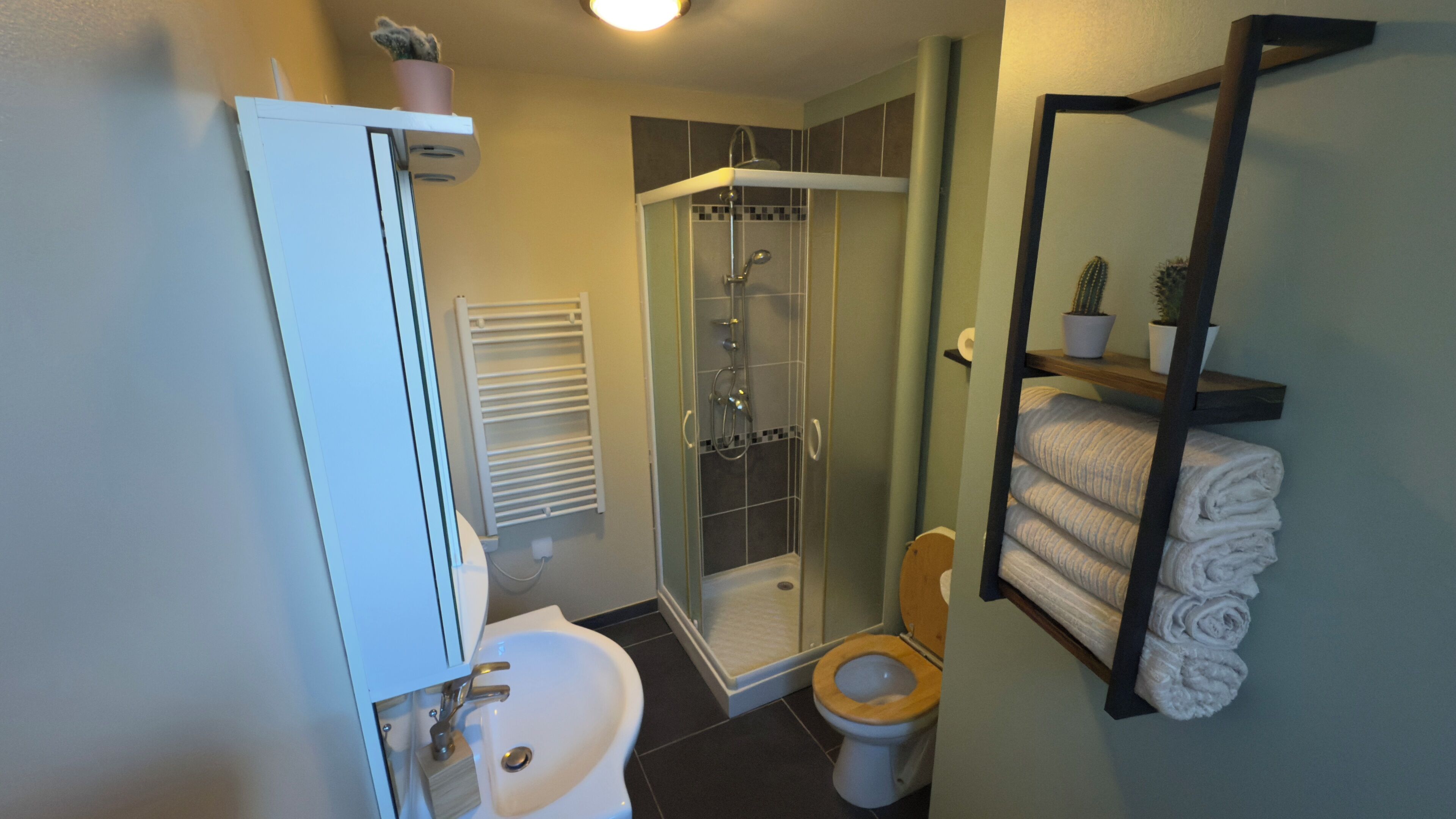 Douche, articles de toilette gratuits, sèche-cheveux, chaussons