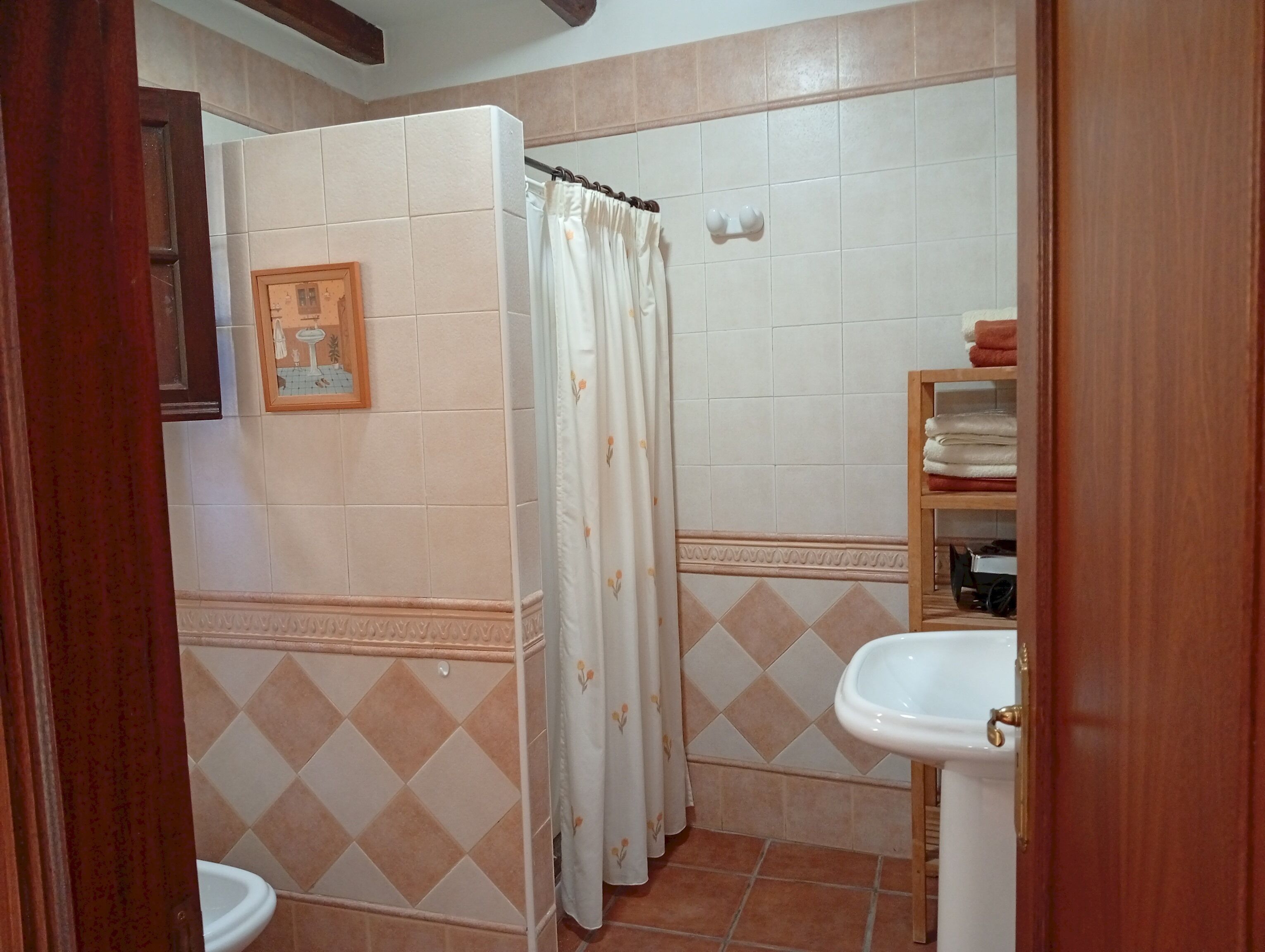 Baño con ducha, inodoro y lavabo.