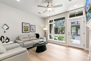 Condo, 1 King Bed, Patio, Garden View (856 Birdwhistle Lane #2) | Living area | 55-inch flat-screen TV with digital channels - Northfield Old Town Flat Attached Garage w/ EV (Fort Collins)