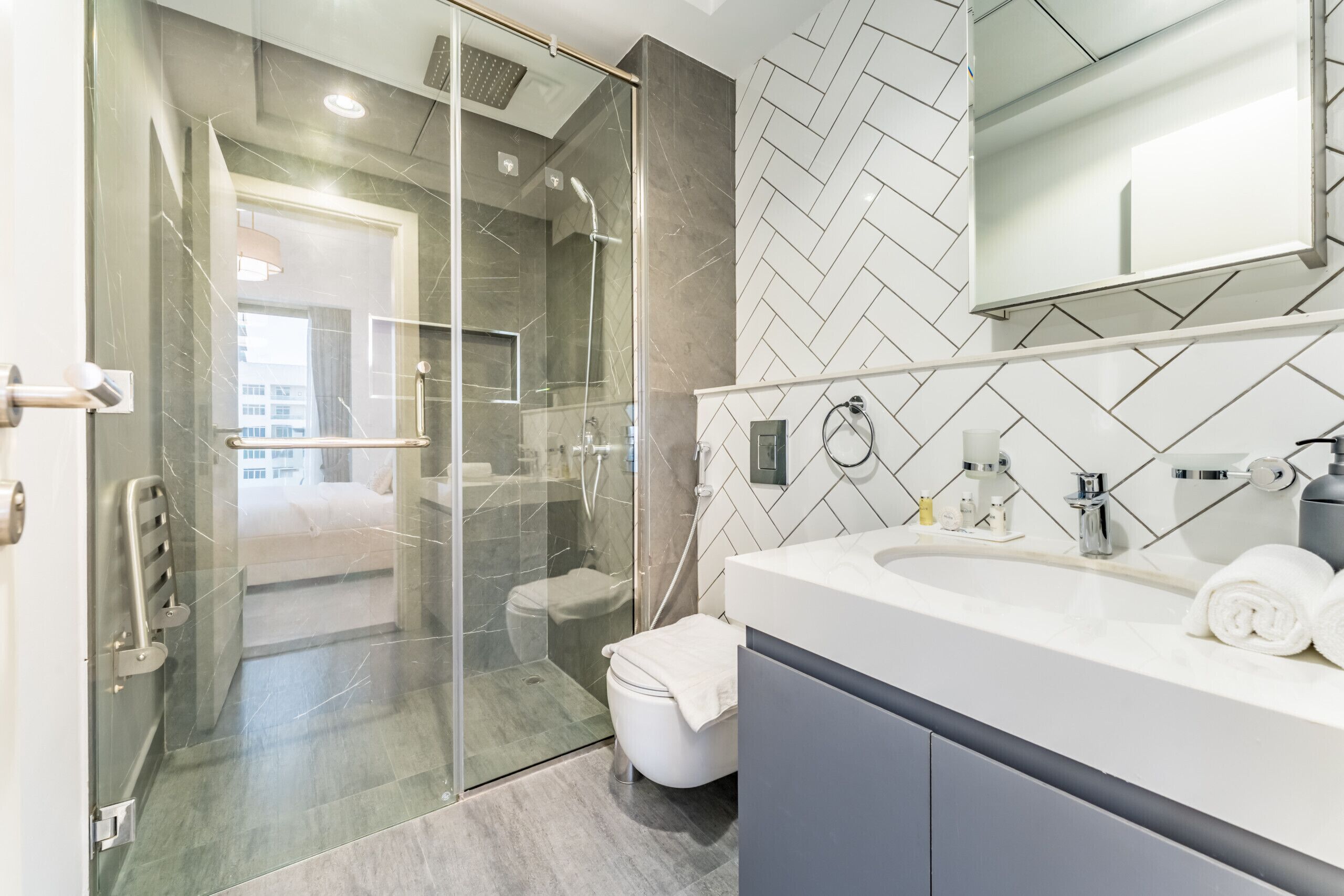 Shower, hair dryer, bidet, towels