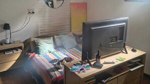 Un dormitorio con una cama, un escritorio de madera, un televisor, un espejo y una ventana.