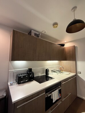Microwave, oven, stovetop, cookware/dishes/utensils - Spacious 3-BR Apt in Jewellery Quarter, Birmingham (Birmingham)