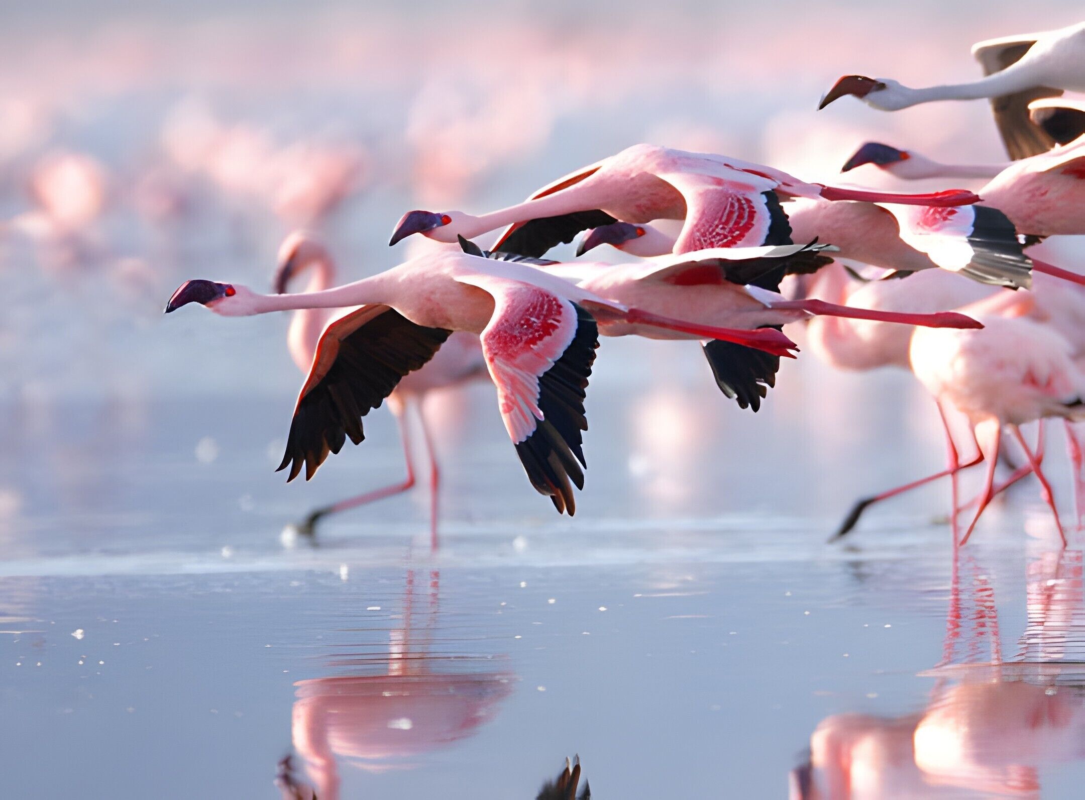 Flamingos in flight over a body of water.