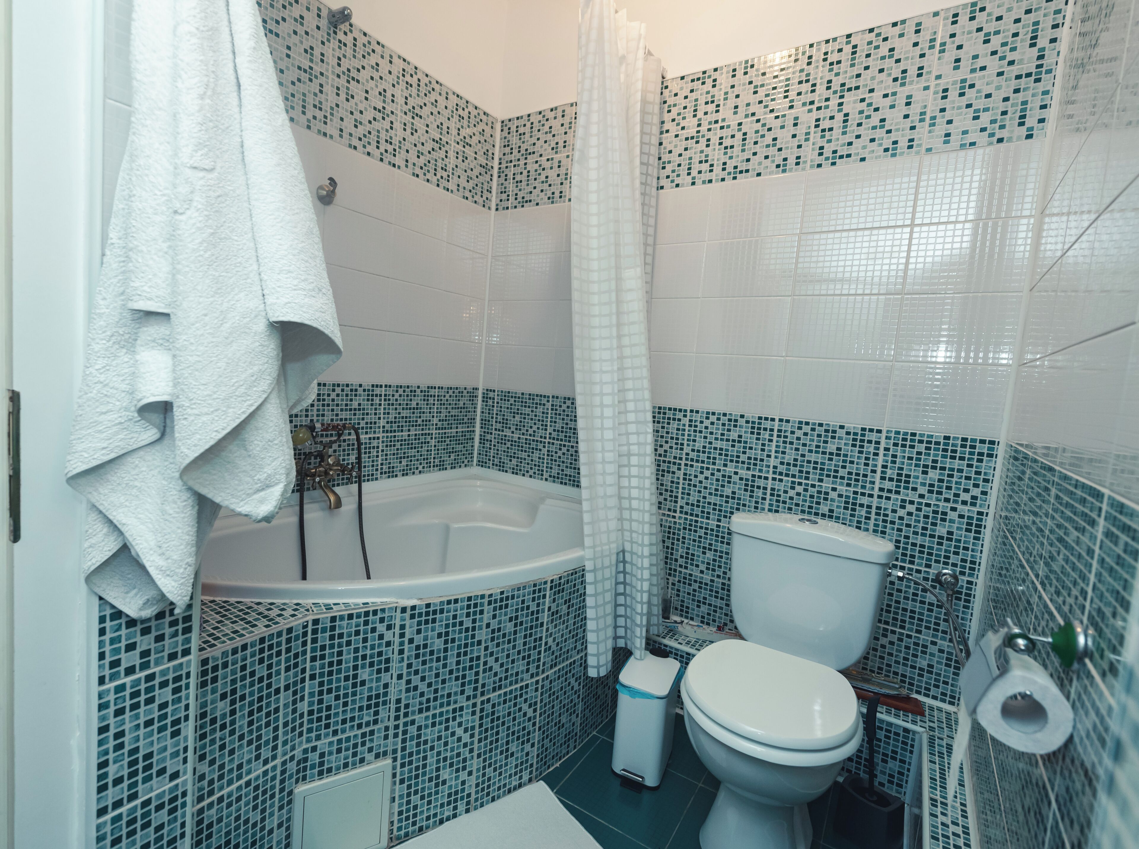 A bathroom with a bathtub, toilet, and shower curtain.