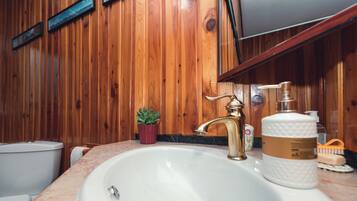 Deluxe-dobbeltværelse - udsigt til have | Badeværelse | Hårtørrer, håndklæder, Sæbe, Shampoo