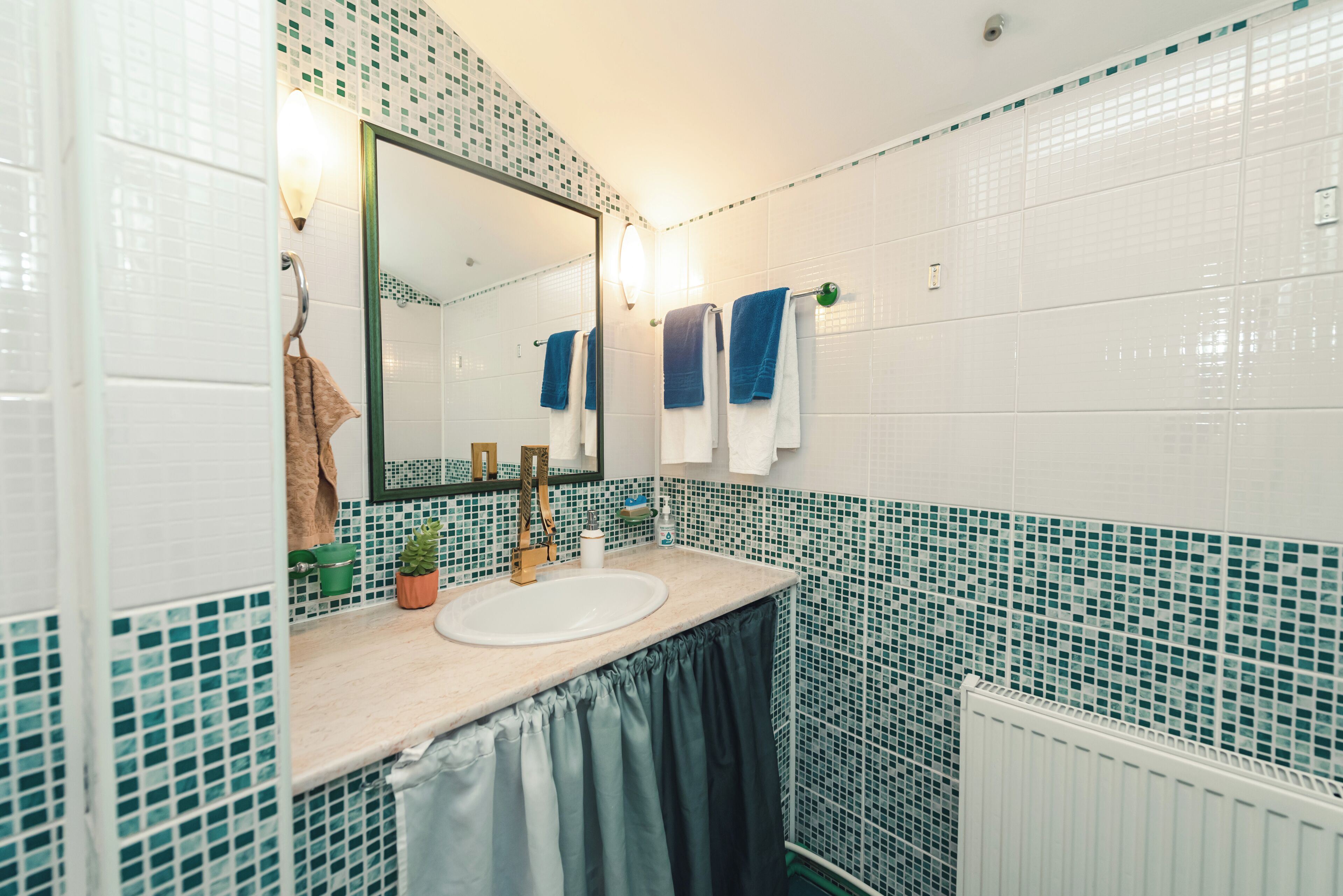 A bathroom with a white sink, a mirror, and a green potted plant.
