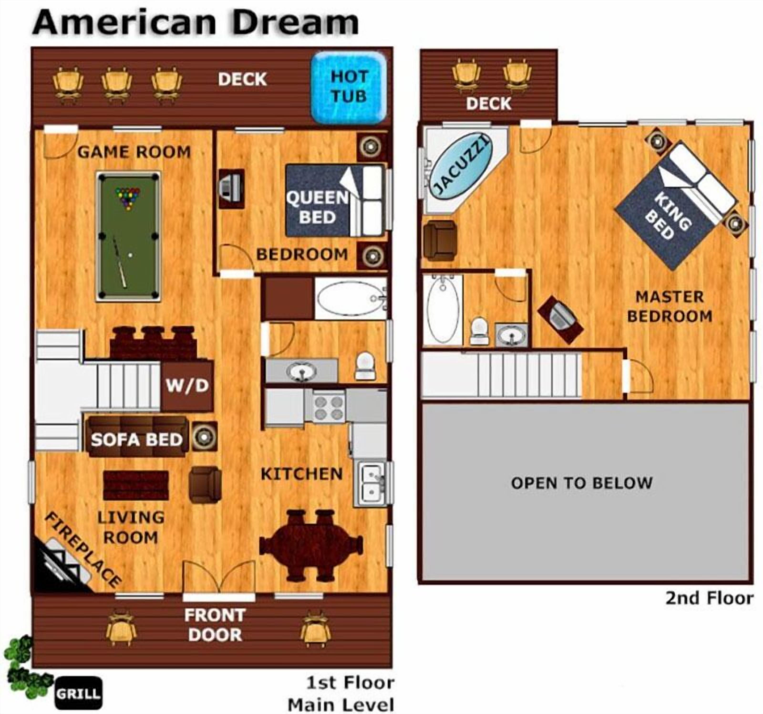 Distribución de planta baja de un hotel American Dream con sala de juegos, cama tamaño queen, sofá cama, cocina, sala de estar y puerta principal.