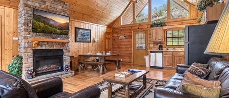 Televisión, chimenea, reproductor de DVD y futbolito