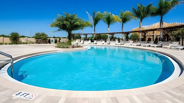 Una gran piscina nítida amb gandules i palmeres al voltant.