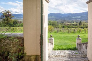 Vista desde la entrada de un edificio hacia un viñedo, con montañas al fondo.