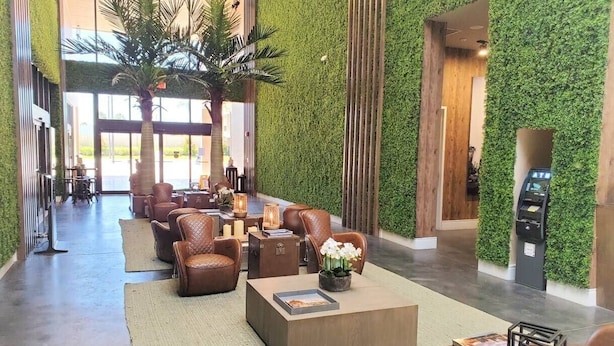Een ontvangsthal met een groene wand, lederen fauteuils, een bijzettafeltje en een receptiebalie.