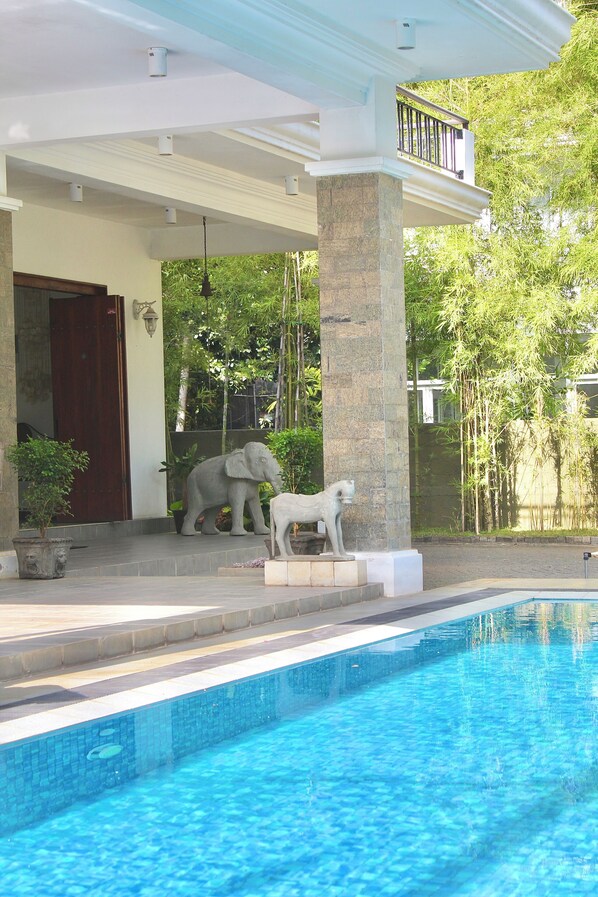 A swimming pool with a stone balustrade, a covered patio with a stone column, and two elephant statues.