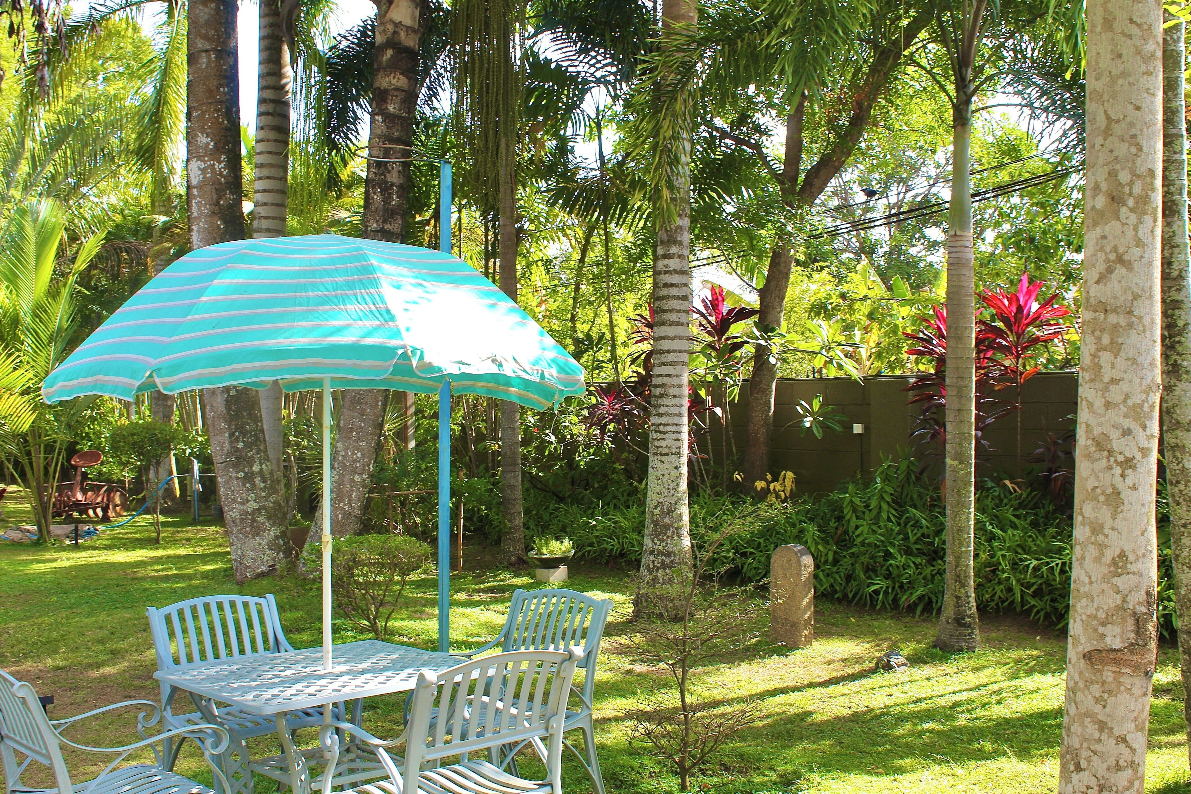 A patio with a table and chairs, surrounded by lush greenery and palm trees.