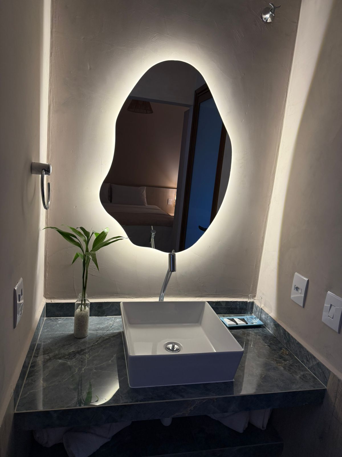 A bathroom with a rectangular sink, a mirror, and a potted plant.