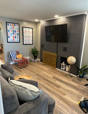 Smart TV, fireplace, books