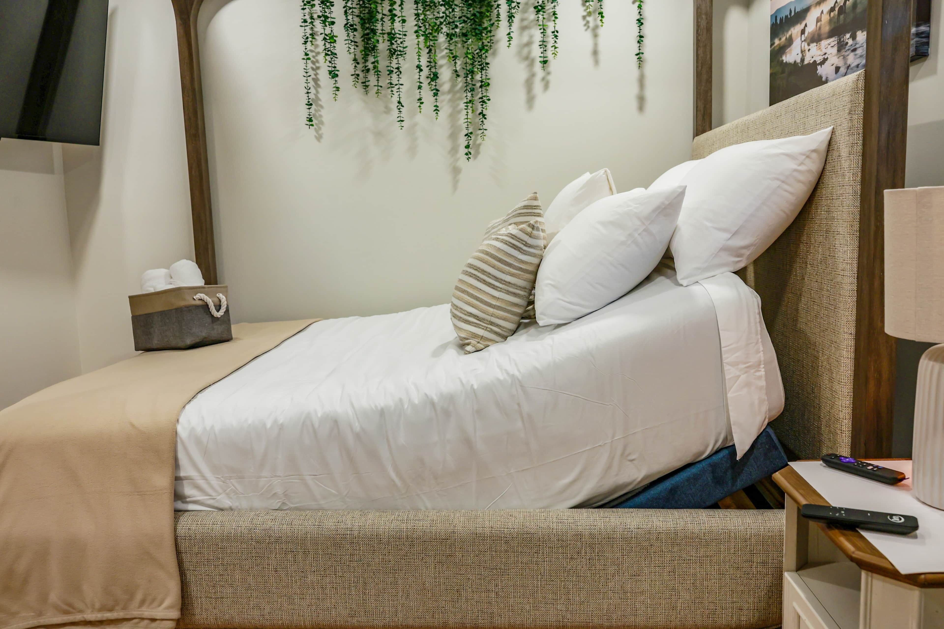 Ein ordentlich bezogenes Bett mit weißer Bettwäsche und einer beige farbenen Tagesdecke, ein Nachttisch mit Lampe und Fernbedienungen sowie eine Pflanze, die über dem Bett hängt.
