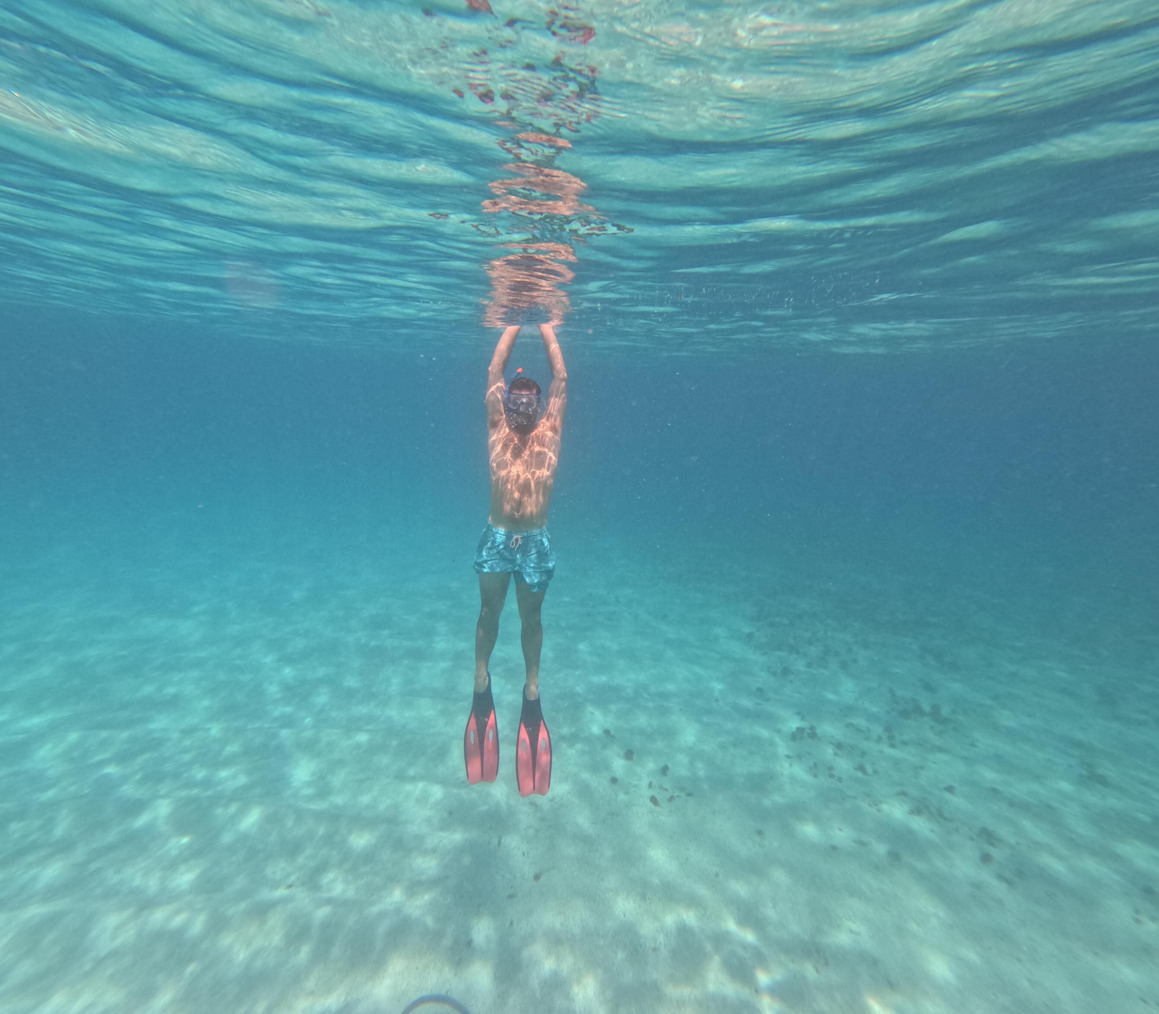 Una persona bajo el agua con aletas, rodeada de agua azul cristalina.