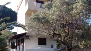 A two-story building with a balcony and a small garden area with a tree.