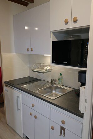 Fridge, microwave, stovetop, coffee/tea maker