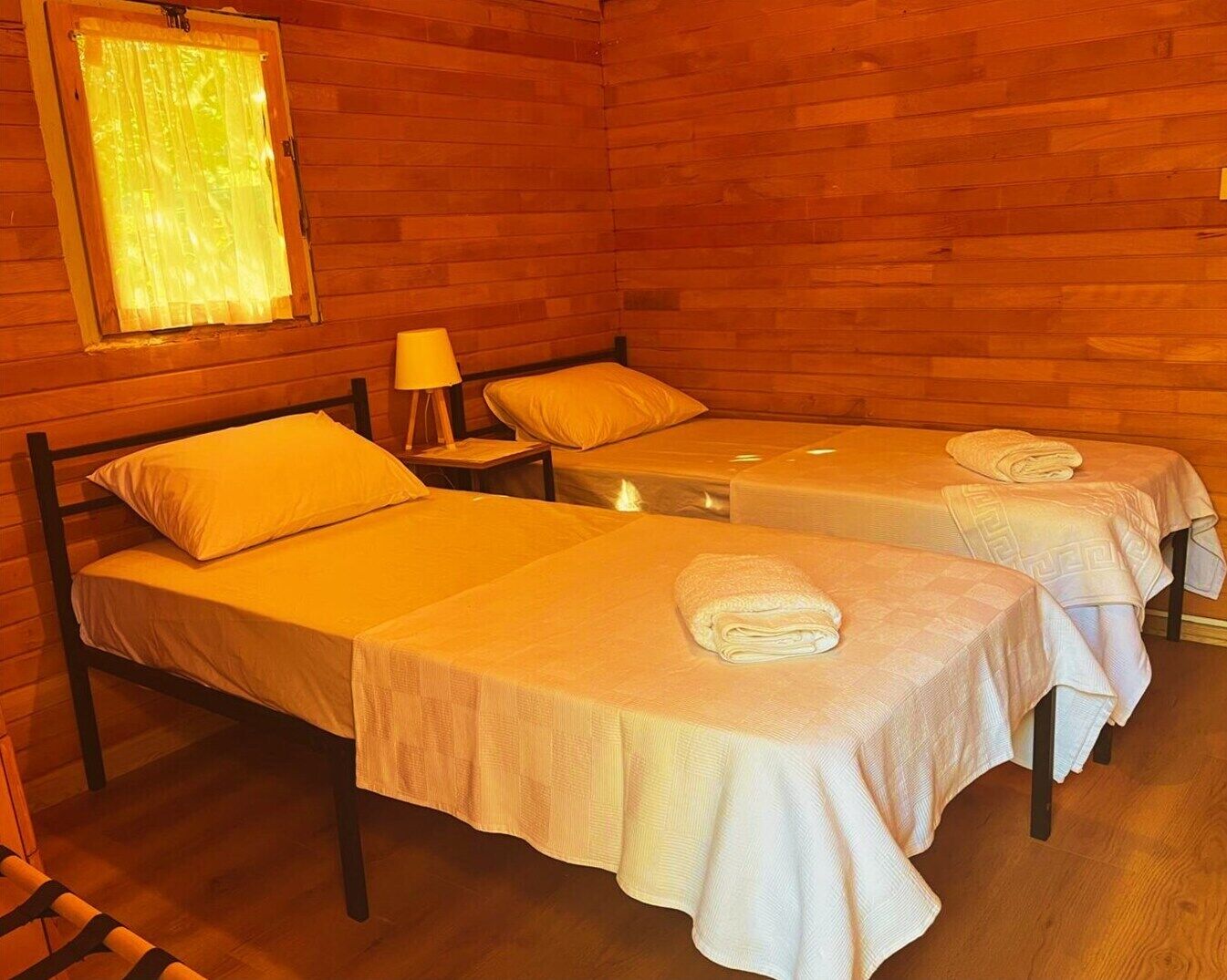 A room with two beds, wooden walls, a window with curtains, and a nightstand with a lamp.