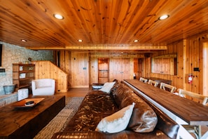 Ein Interieur aus Holz mit einer Ledersofa, einem Holzesstisch, einem Steinkamin und Holzwänden.