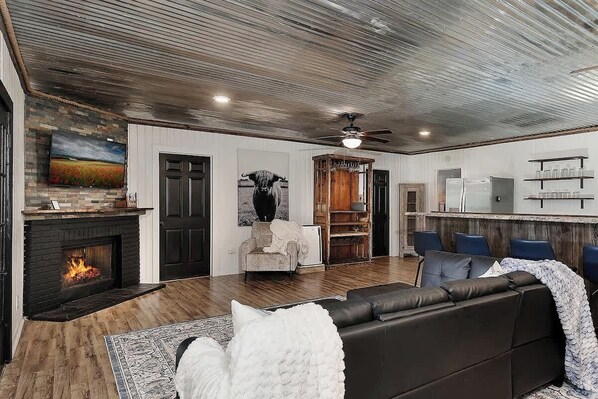 Télévision, cheminée, espaces bureaux