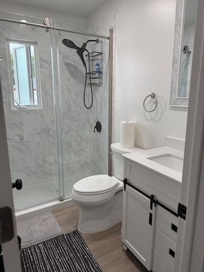 Hair dryer, towels, soap, toilet paper