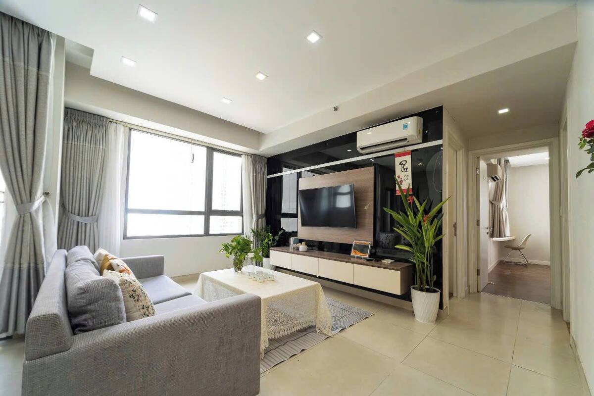 A modern living room with a grey sofa, a coffee table, a flat-screen TV, and a potted plant.