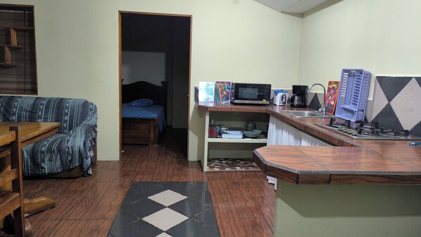 A compact living space with a kitchenette, a sofa, a bed, and a small dining table.