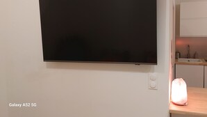 A flat-screen TV mounted on a wall, a kitchen area with a sink and cabinets, and a heated blanket on a wooden table.