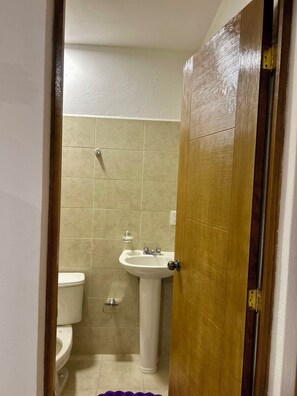 Shower, towels, soap, toilet paper
