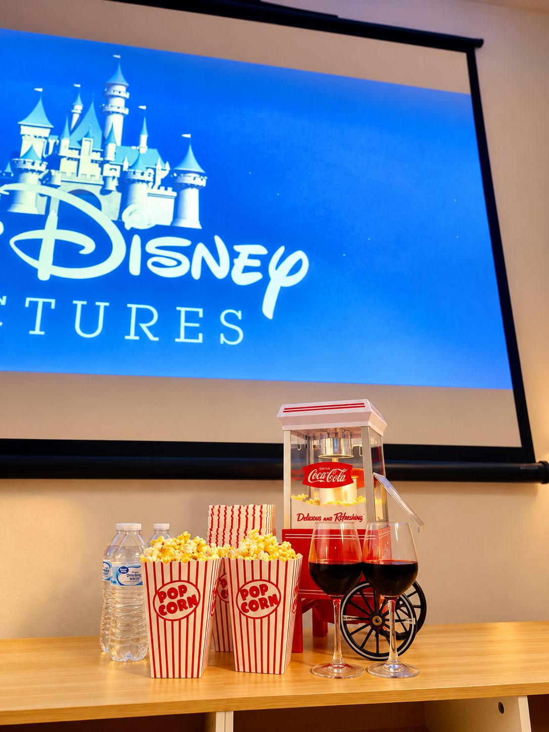Ett bord med snacks, inklusive popcorn, Coca-Cola och ett glas rött vin, med en skärm i bakgrunden som visar Disney-relaterat material.