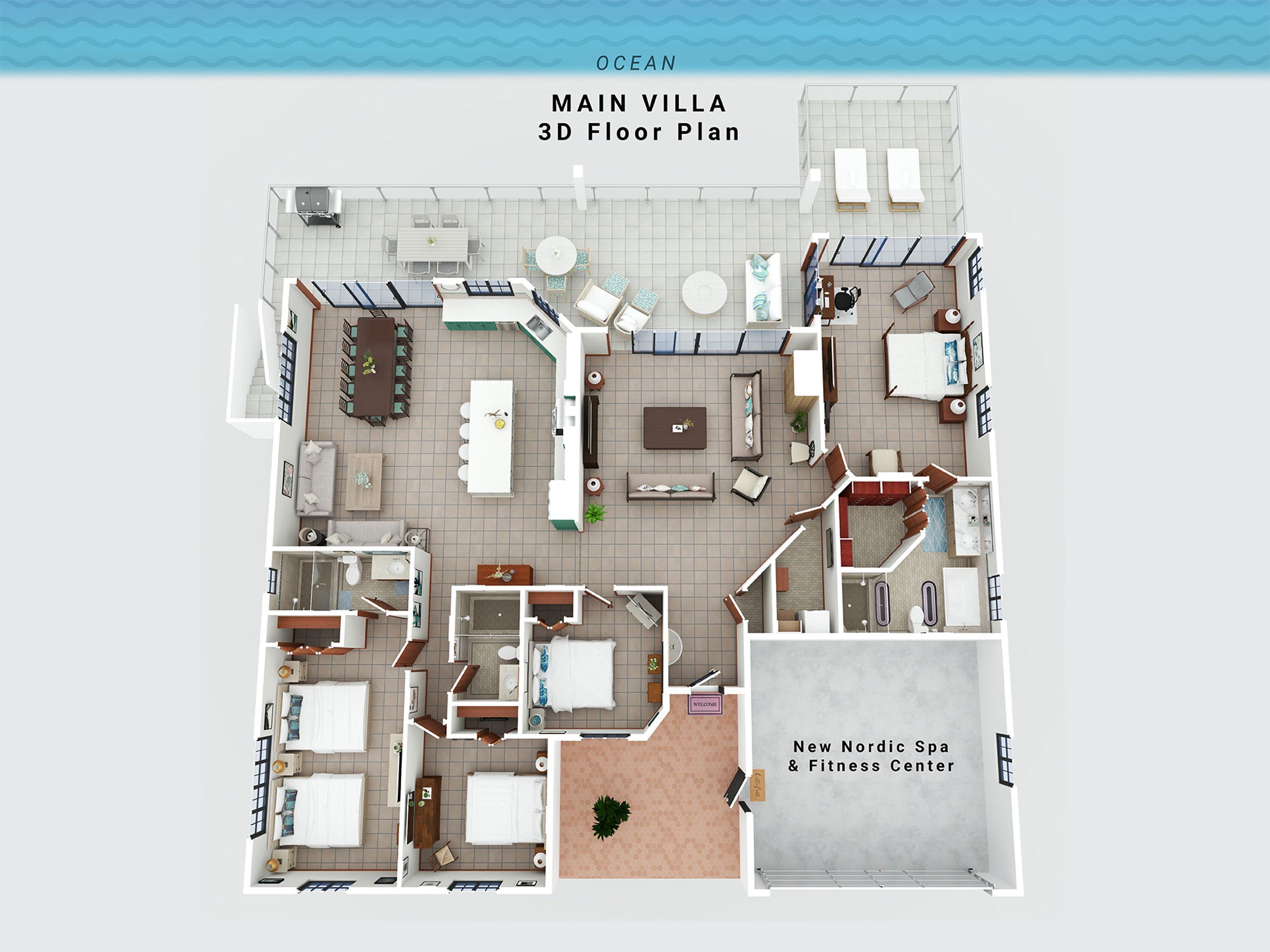 A 3D floor plan of the Main Villa at Ocean, featuring a New Nordic Spa & Fitness Center, multiple bedrooms, a kitchen, dining area, and a living room.