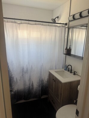 Hair dryer, towels, soap, shampoo