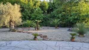 A garden with a gravel path, wooden benches, and various potted plants.