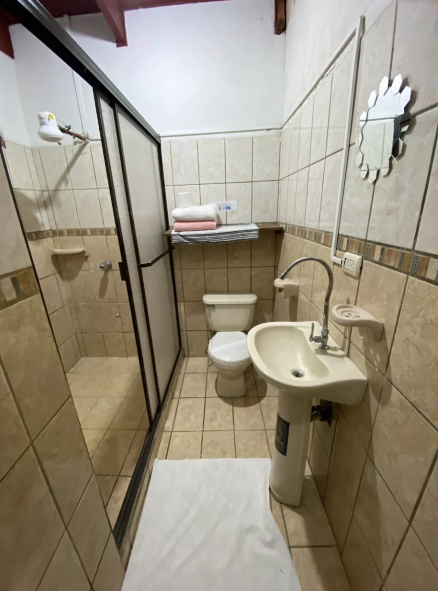 A small bathroom with a shower, toilet, sink, and a mirror.