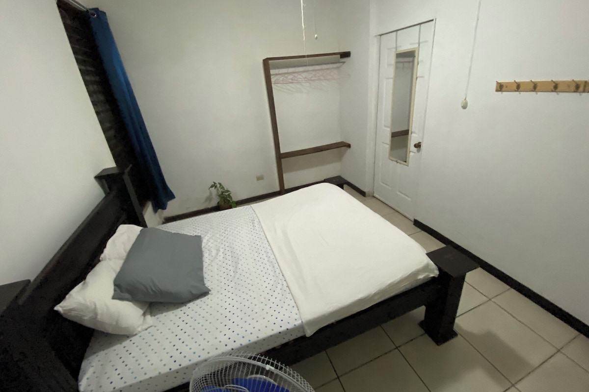A single bed with a white mattress and a grey pillow, a small potted plant, a wall-mounted fan, and a door with a mirror.