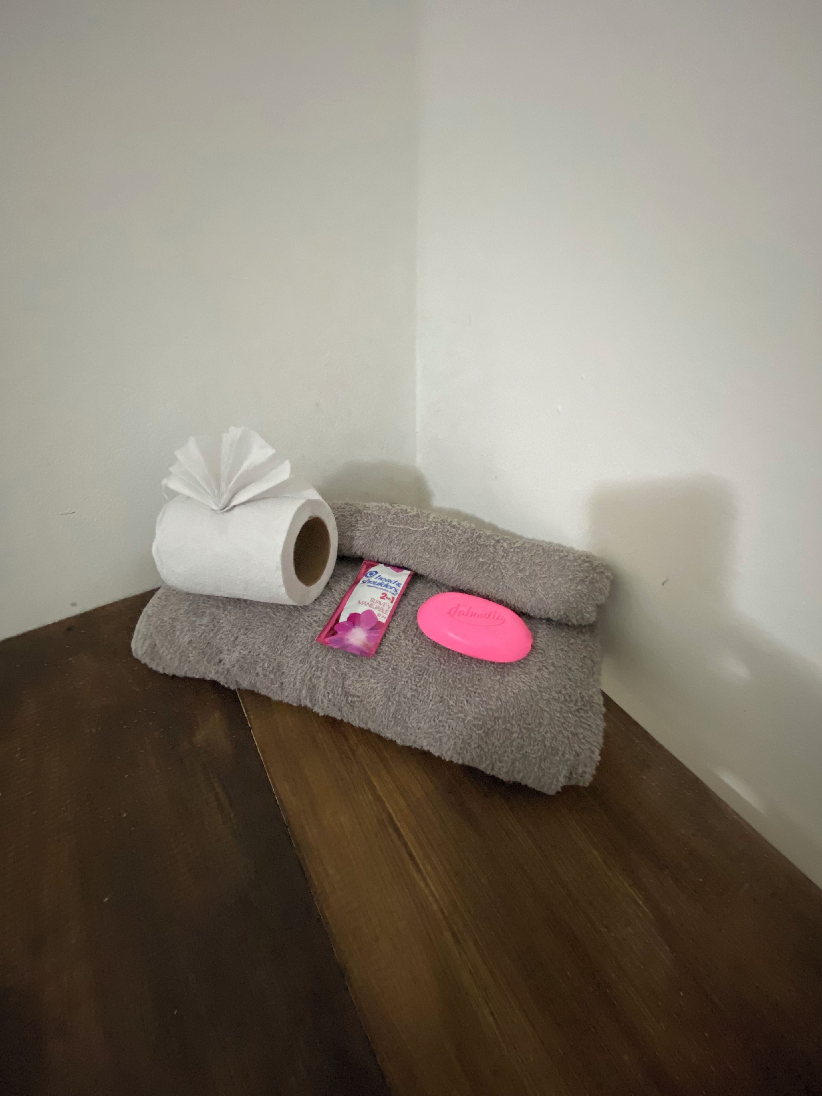 A corner of a room with a grey, textured cat bed, a roll of toilet paper, and a pink object on it.
