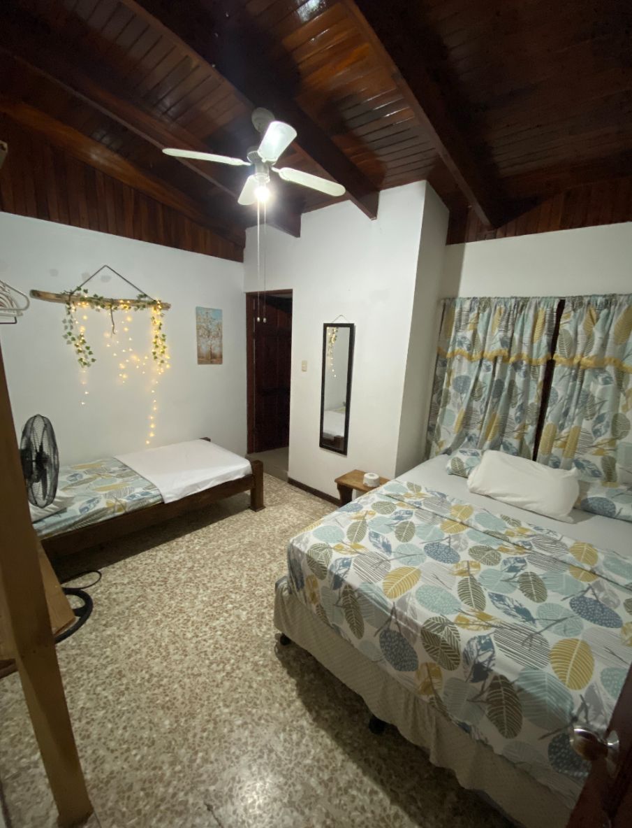 Une chambre à coucher comprenant un lit, un ventilateur de plafond, une table de chevet et un miroir fixé au mur.