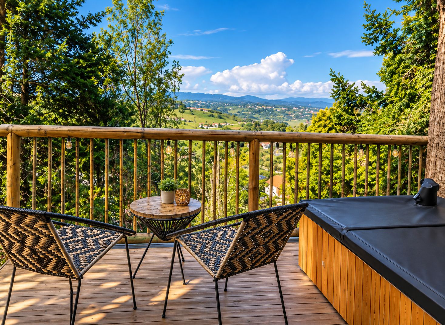 A deck with wicker chairs, a small round table with a potted plant, and a hot tub area.