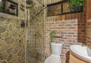 A bathroom with a stone shower enclosure, a toilet, and a sink.