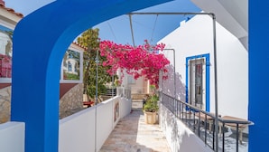 A narrow outdoor corridor with a blue archway, a white wall, and a potted plant.