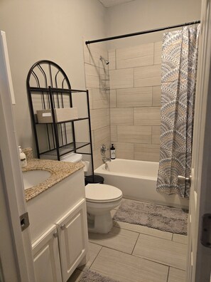 Hair dryer, towels, soap, toilet paper