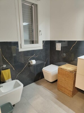 Regadera, secadora de cabello, bidet, toallas 